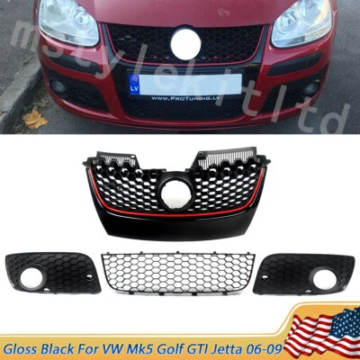 Front Lower Upper Grille & Fog Light Grill For 06-09 VW Mk5 Golf GTI Jetta Black Foto 1 de 4