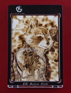 Pyrography Hand-Drawn Card Rocket Raccoon & Groot by Pang Hulu 1/1 Original Art - Picture 1 of 6
