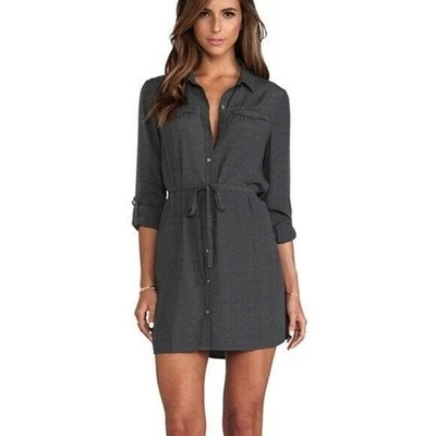 SOFT JOIE SIBBY Button Front Shirt DRESS in Dark Gray Pindot Missing Sash Tie S - Image 1 of 4