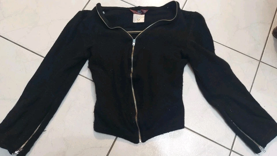Vintage JOHN GALLIANO Sweater Ladies Zip Shrug Wool Blend Black Cropped - Image 1 of 4