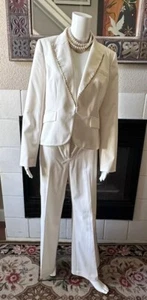 Size 10 Apostrophe Ivory Stretch Suit Pant & Blazer Detailed Beading Bell bottom - Picture 1 of 24