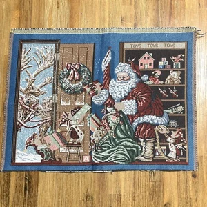 Vintage Tapestry Fabric Christmas Santa Elves Reindeers Gifts Upholstery 18X14 - Picture 1 of 11