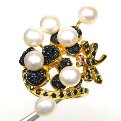 925 Sterling Silber Weiße Perle & Saphir Zweifarbig Schmuck Ringgröße 4 - Bild 1 von 4