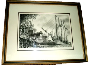 Kunstzeichnung mit Schiff & Dock - Segelmotiv - nummeriert & signiert - gerahmt mit Glas - Bild 1 von 15