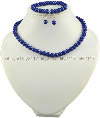 Fashion 8MM South Sea Round Blue Shell Pearl Necklace Earrings Bracelet Set 18'' - Image 1 of 4