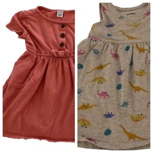 Lot (2) Old Navy 18-24 Months Baby Girls Dress Dinosaur Bow Coral Gray