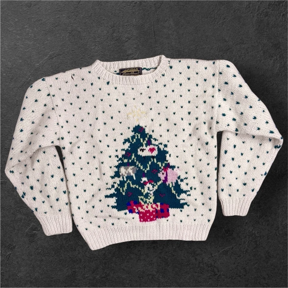 Vintage 80s Eddie Bauer Wool Christmas Sweater Tree Print Birds Eye Youth Large - Image 1 of 4