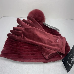 Sprigs L/XL Cranberry gestreifte Kunstfell-Beanie mit Bommel & passenden Handschuhen Neu mit Etikett - Bild 1 von 15