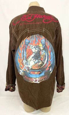 Camisa Ed Hardy XXL 2XL 50" Broche Marrón Pana Dead or Alive Esqueleto Caballo de Fuego Foto 1 de 4