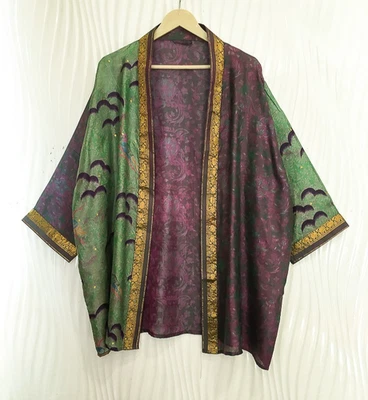 Jaqueta cardigã curta de seda pura quimono espanador capa roupão solto roxo KMS3722 - Imagem 1 de 4