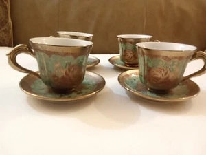 Tea Cups European Style Gold Green And Floral Pattern Set Of 4 Cups And Saucers - Picture 1 of 7