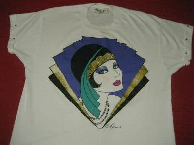VTG 80s Art Deco Carol Joseph Miami FACE IT beadazled fancy lady Flapper T shirt Foto 1 de 4
