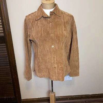 Coldwater Creek Tan Crinkle Suede Leather Button-Down Jacket Shacket PS - Image 1 of 4