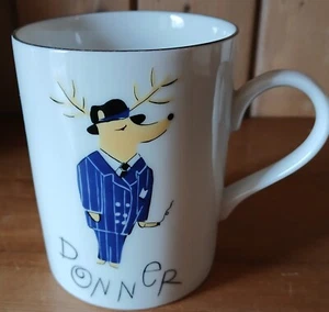 Vtg Pottery Barn Reindeer Donner Christmas Coffee Tea Mug Cup Silver Rim Japan - Picture 1 of 4