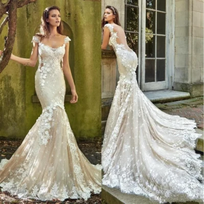 Spaghetti strap 3D Flower Applique Wedding Dresses Sheath Backless Sweep Train - Image 1 of 4