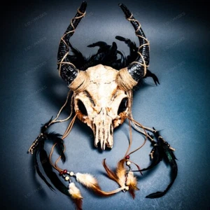 Máscara de cuerno calavera animal antílope con pluma para hombres mujeres disfraz de Halloween fiesta - Imagen 1 de 12