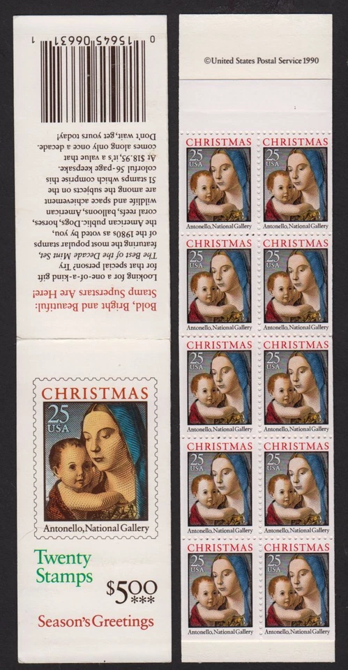 1990 Christmas Madonna 25c booklet BK180 plate number 1 (2 panes 2514a) - Image 1 of 1