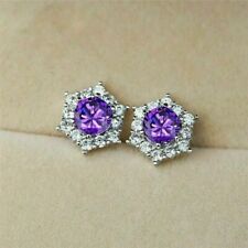 2.00 Ct Round Cut Simulated Amethyst Flower Stud Earrings 14k White Gold Plated