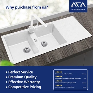 White Granite Stone Double Bowls Kitchen Sink Drainboard Top Flush Mount Basin - Picture 1 of 13