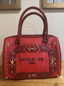 Nicole Lee USA Studded Shiny Red Emeblsihed Reese Boston Bag - Picture 1 of 9