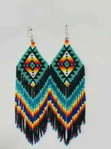 Tribal Earrings Native Large Boho American Seed Beads Handmade Earring - Picture 1 of 2