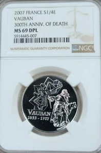 2007 FRANCE SILVER 1/4 EURO VAUBAN NGC MS 69 DPL BEAUTIFUL PROOF LIKE TOP POP 1 - Picture 1 of 4