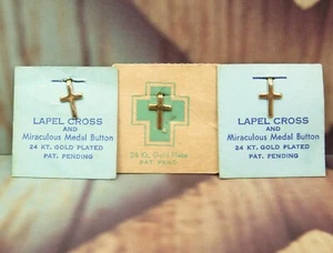 Vintage 3 Miraculous Medal and Lapel Cross Buttons 24K Gold Plated Original Card - Picture 1 of 3