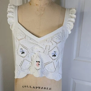 Anthropologie C&V Ivory Crochet Embroidered Womens Top L - Picture 1 of 11