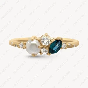 Pearl, Alexandrite & Moonstone Stackable Band Ring 14k Yellow Gold Gift For Her - Picture 1 of 3
