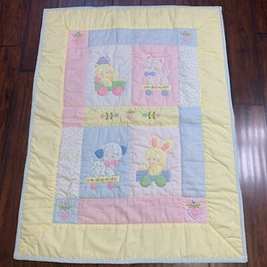 Vintage House of Hatten Baby Blanket Pink Blue Bear Bunny Puppy Kitten 46x35" - Picture 1 of 24