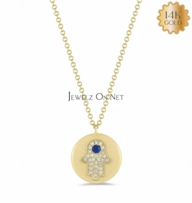 14K Gold Natural Diamond - Blue Sapphire Hamsa Hand Charm Necklace-Jewelzofny - Image 1 of 4