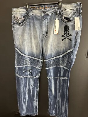 Rock Revival Jeans 44 Montell Biker Skull Denim Mens Distressed Embroidered NWT - Image 1 of 4