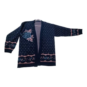 Cárdigan Suéter Para Mujer De Colección Azul Acrílico Tejido Abierto Floral Rosas Flores  - Imagen 1 de 15