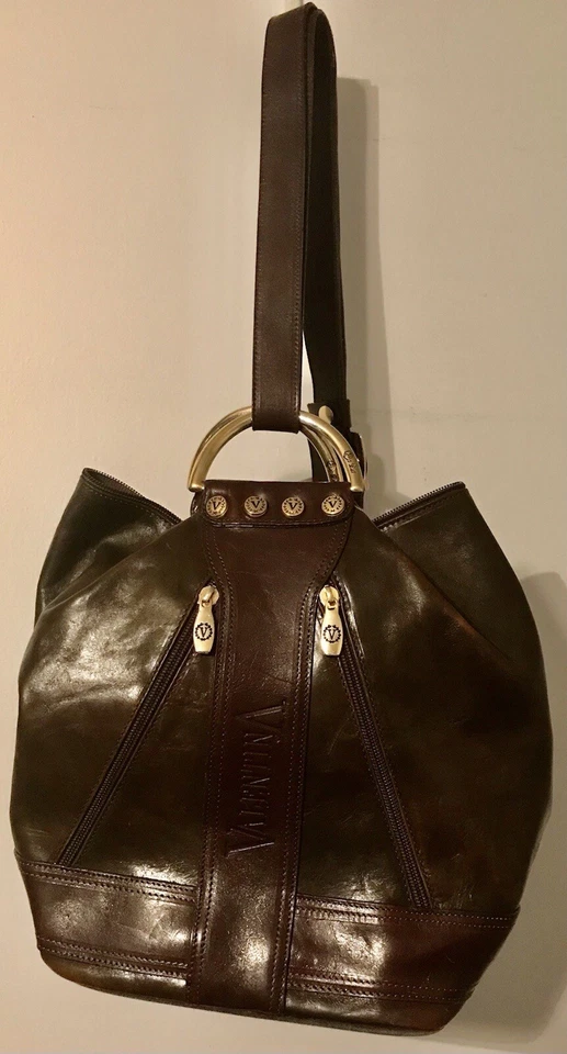 Bolso Cubo Valentina Cuero Marrón Oscuro Genuino Hecho en Italia Foto 1 de 4