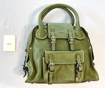 VTG Chloe Edith Grained Leather Tote Handbag Green Satchel Contrast Stitch Italy - Image 1 of 4