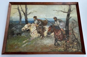Escena de batalla de caballería europea, pintura al óleo sobre tabla. Firmado. principios del siglo XX - Imagen 1 de 11