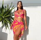 Bikini Swimsuits 3 Pieces Cover Up Set. Red Gold Print.  Pick A Size From S-L