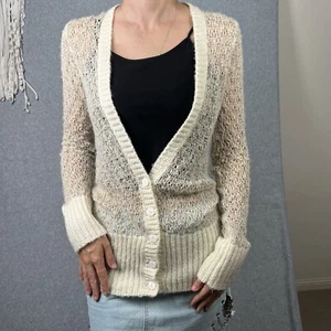 Witchery Cardigan Womens M Linen Mohair Blend Open Knit Metallic Beige Cream - Picture 1 of 15