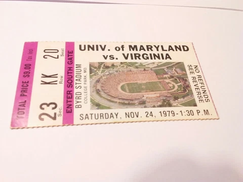 1978 Maryland Virginia Football Ticket Stub Cover