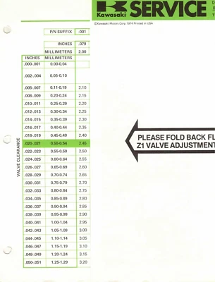 Genuine Kawasaki Dealer Service Valve Shim Adjustment Chart KZ900 Z1 1973-1975 - Image 1 of 3