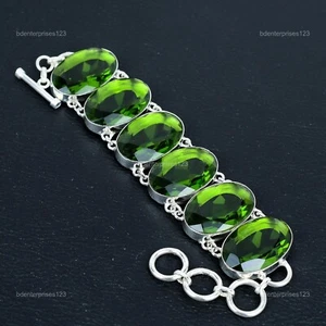 Valentines Deal 925 Sterling Silver Oval Natural Peridot August Chain Bracelet - Picture 1 of 6