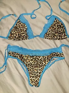 Cloris Murphy Leopard Animal Print w/ Blue Lace & Piping Tri-Top Scrunchy... - Picture 1 of 6