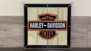 Harley Davidson Vintage Style Stained Glass Window Panel 12 3/4”x13” 2 Hooks - Picture 1 of 11