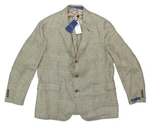 Polo Ralph Lauren Houndstooth Plaid 100% Linen Sport Coat Men's Blazer 46R NWT