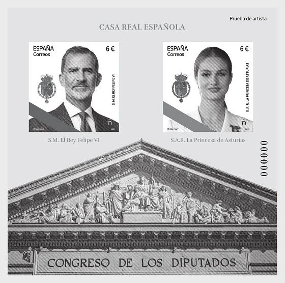 spain ca 2025 Royal Family H.M King FELIPE VI. H.R.H Princess ASTURIA ms2v BLACK - Image 1 of 1