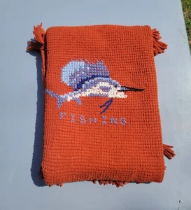 Handmade Cozy Throw Blanket W Swordfish & "Fishing " - Picture 1 of 17