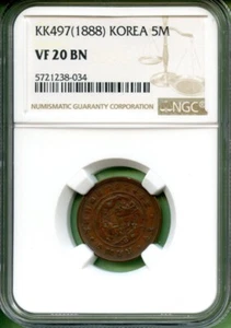 KOREA 1888 5 MUN  REAR 497  NGC VF20  COPPER - Picture 1 of 2