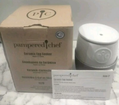 NEW Pampered Chef White Ceramic Egg Cooker Cup Lid W/Gray Silicone Sleeve #1529 - Image 1 of 4