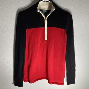 Lauren Ralph Lauren Womens Size Medium Black Red 1/4 Zip Sleeve Crest Sweater - Picture 1 of 15