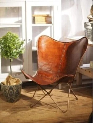 Chair Butterfly Leather Handmade Vintage Living Room New Brown With Stand - Image 1 of 4